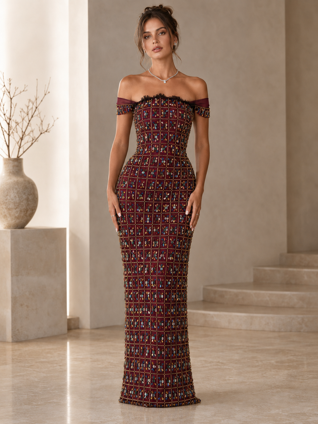 Front full-length view of burgundy off-shoulder embellished mermaid maxi dress
