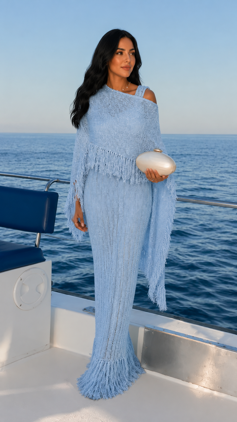 Baby blue textured fringe poncho maxi dress set front view on a boat