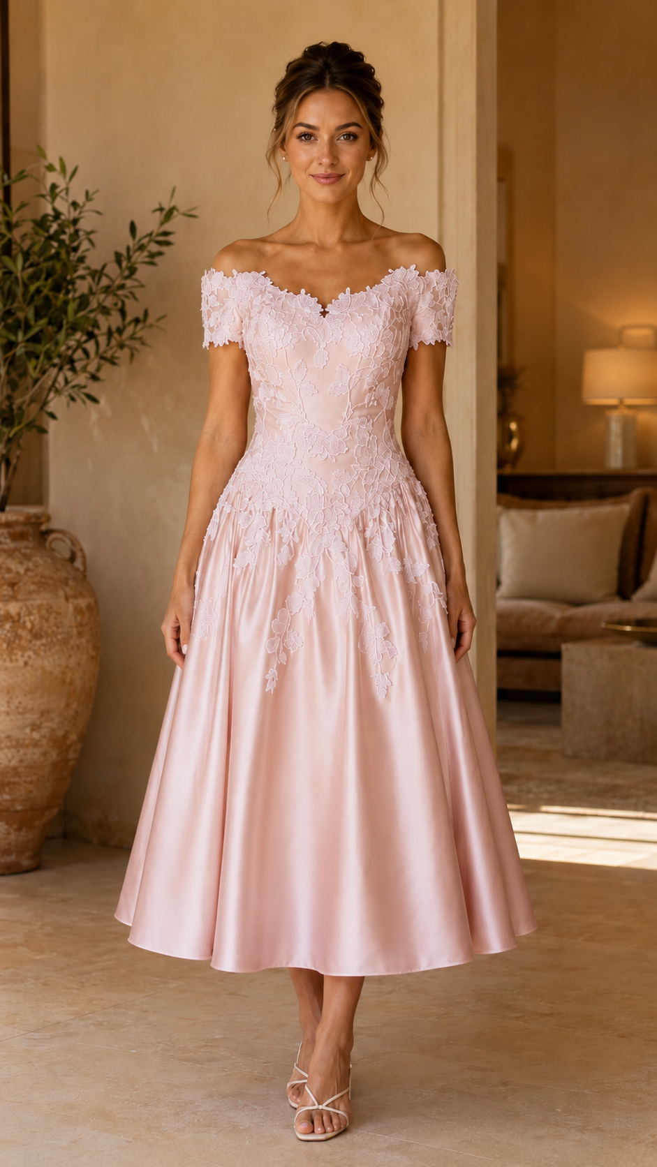 Front view of blush pink off-shoulder lace midi A-line dress