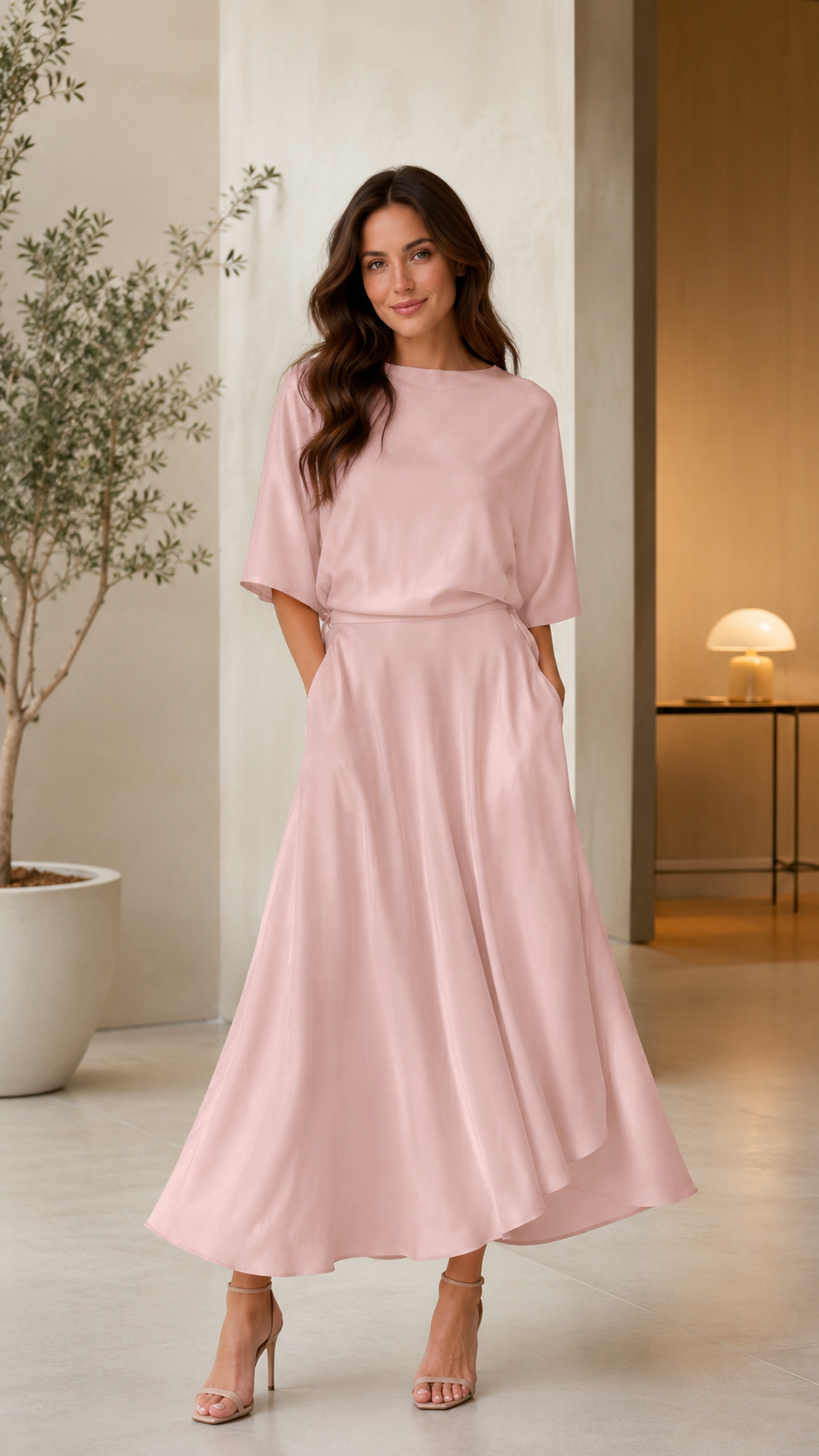 Blush pink boat neck dress with elbow-length sleeves and self-tie waist