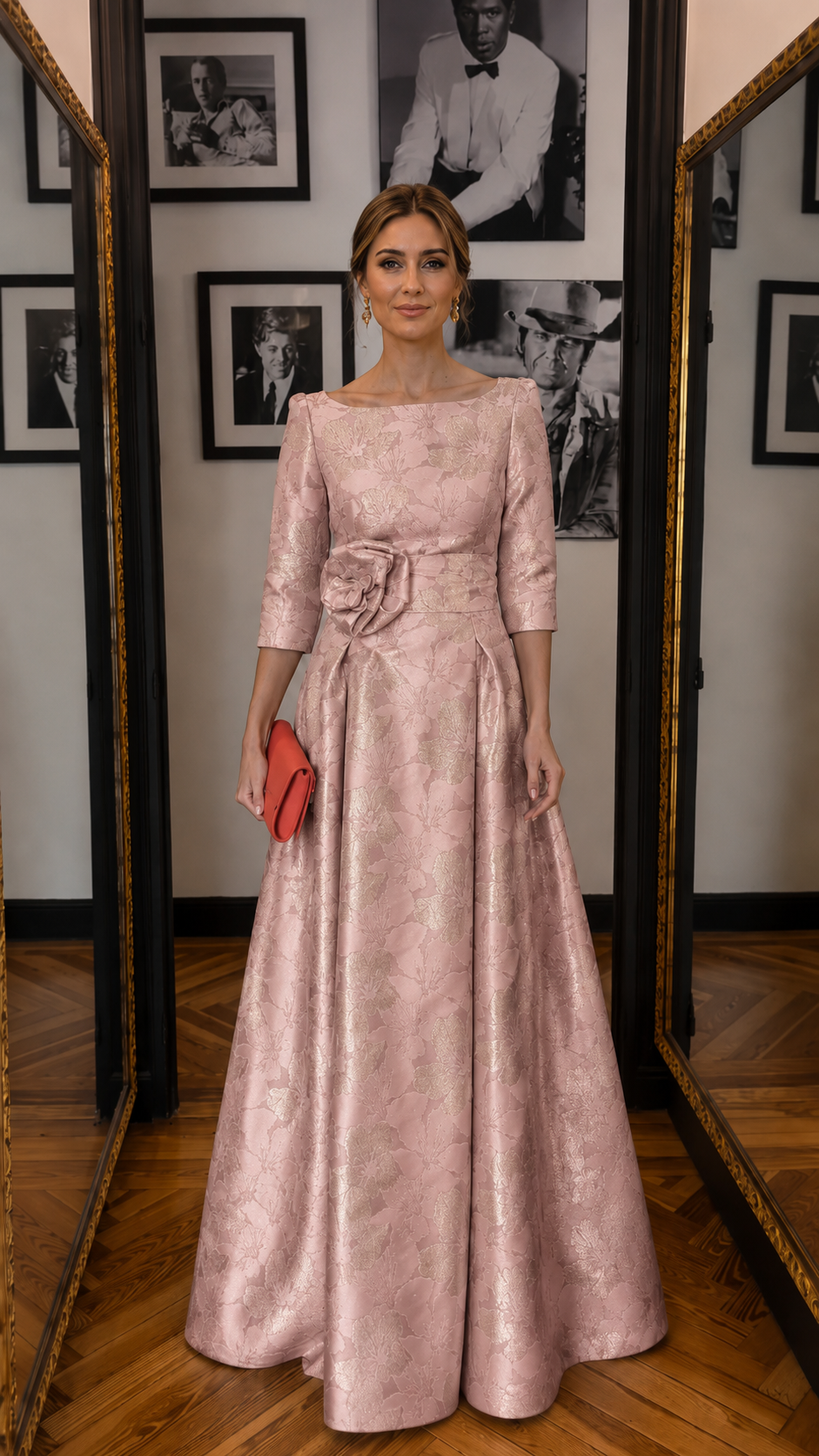 Front view of blush pink floral jacquard formal gown with defined waist and 3/4 sleeves