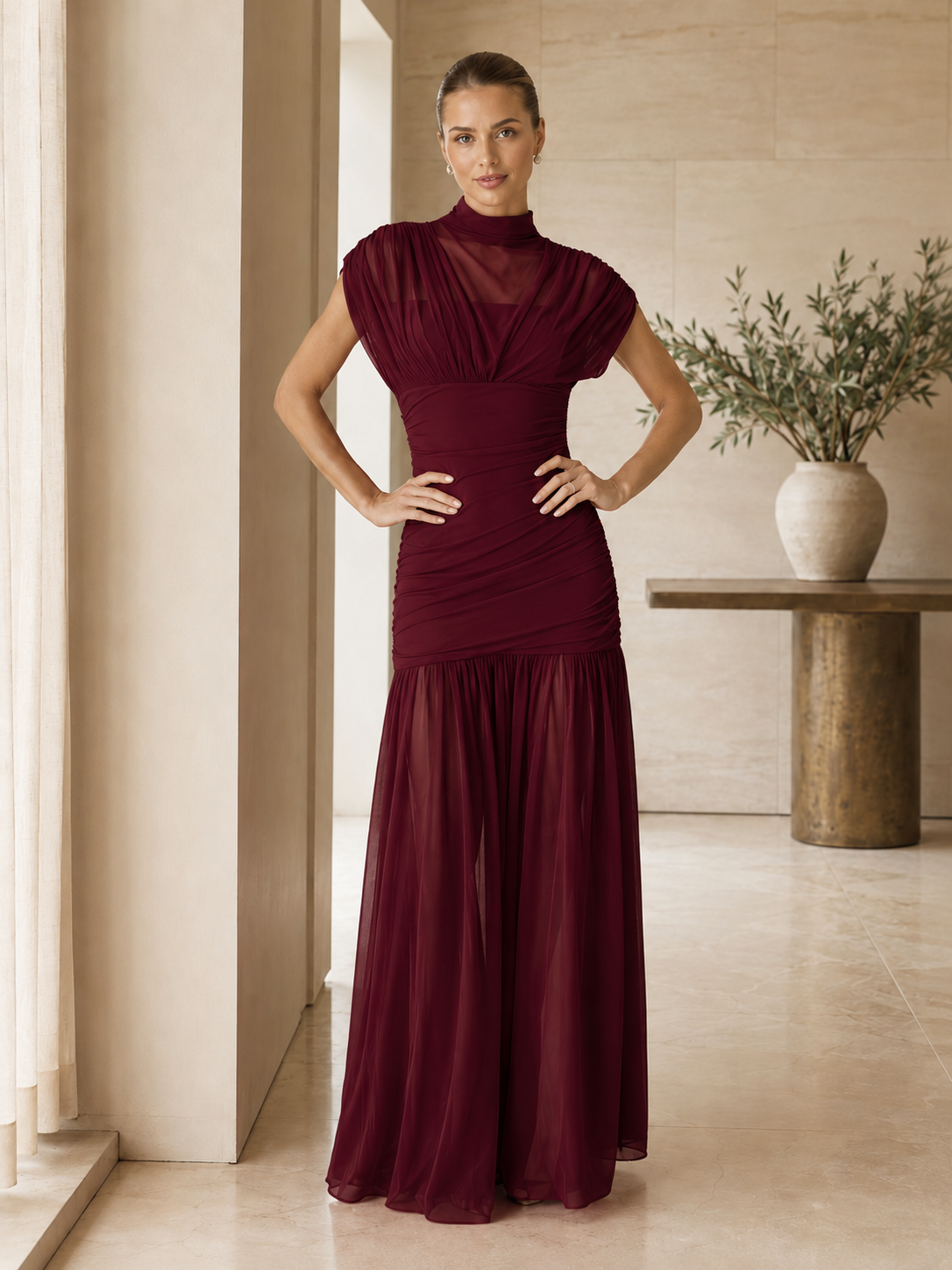 Burgundy ruched mock neck mermaid maxi evening dress front view