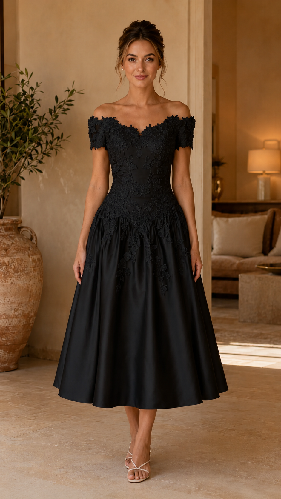 Front view of black off-shoulder lace midi A-line dress