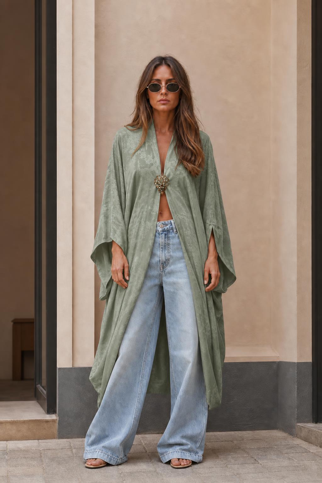 Model wearing sage green long kimono cardigan
