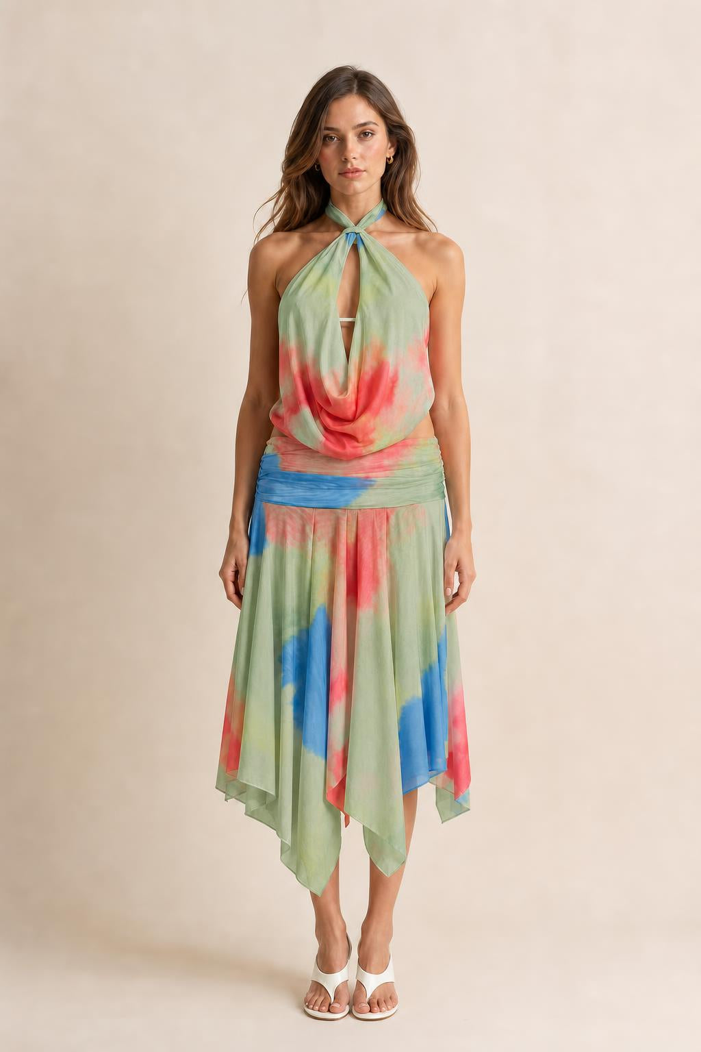 Front view of green tie-dye color variant