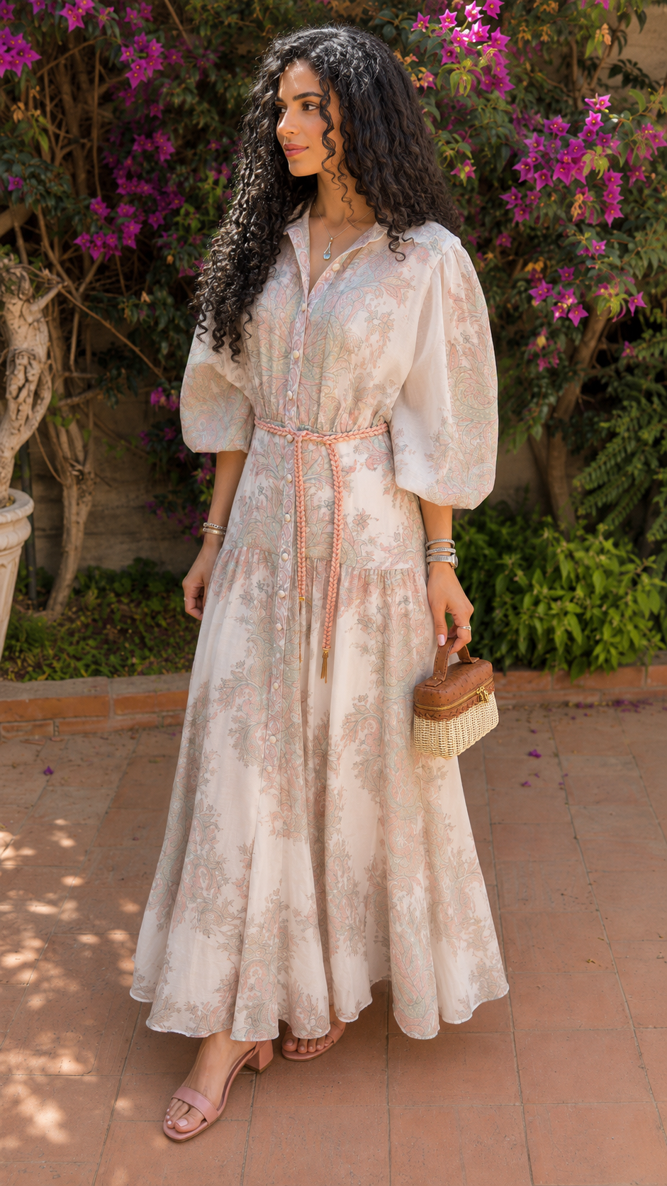Three-quarter side view of blush ivory floral maxi dress with collared neckline and rope belt