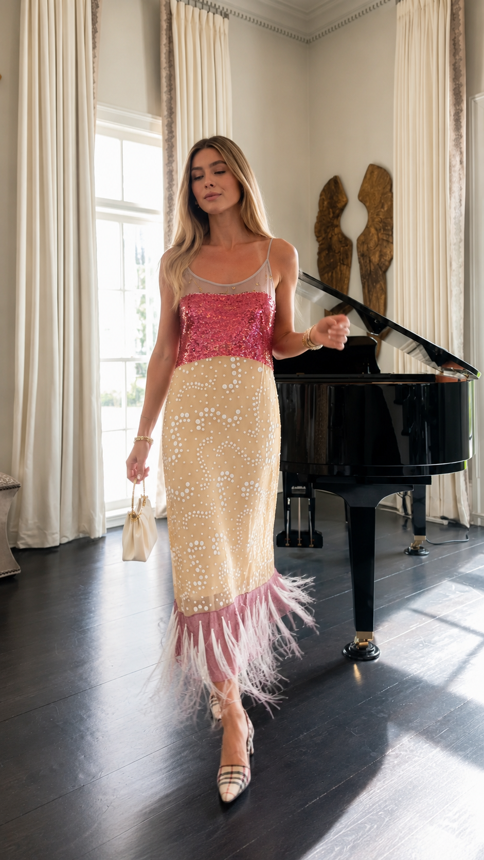 Front view of pink and cream colorblock embellished maxi dress with feather hem