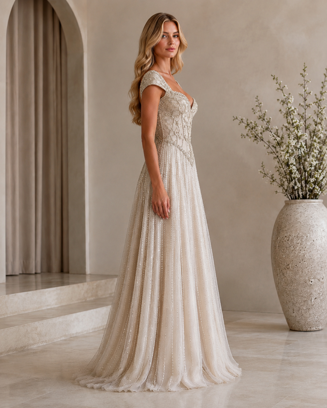 Side view of ivory shimmering cap sleeve sweetheart formal gown