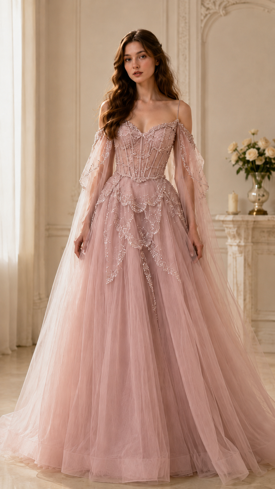 Front view of blush pink off-shoulder glitter tulle ball gown