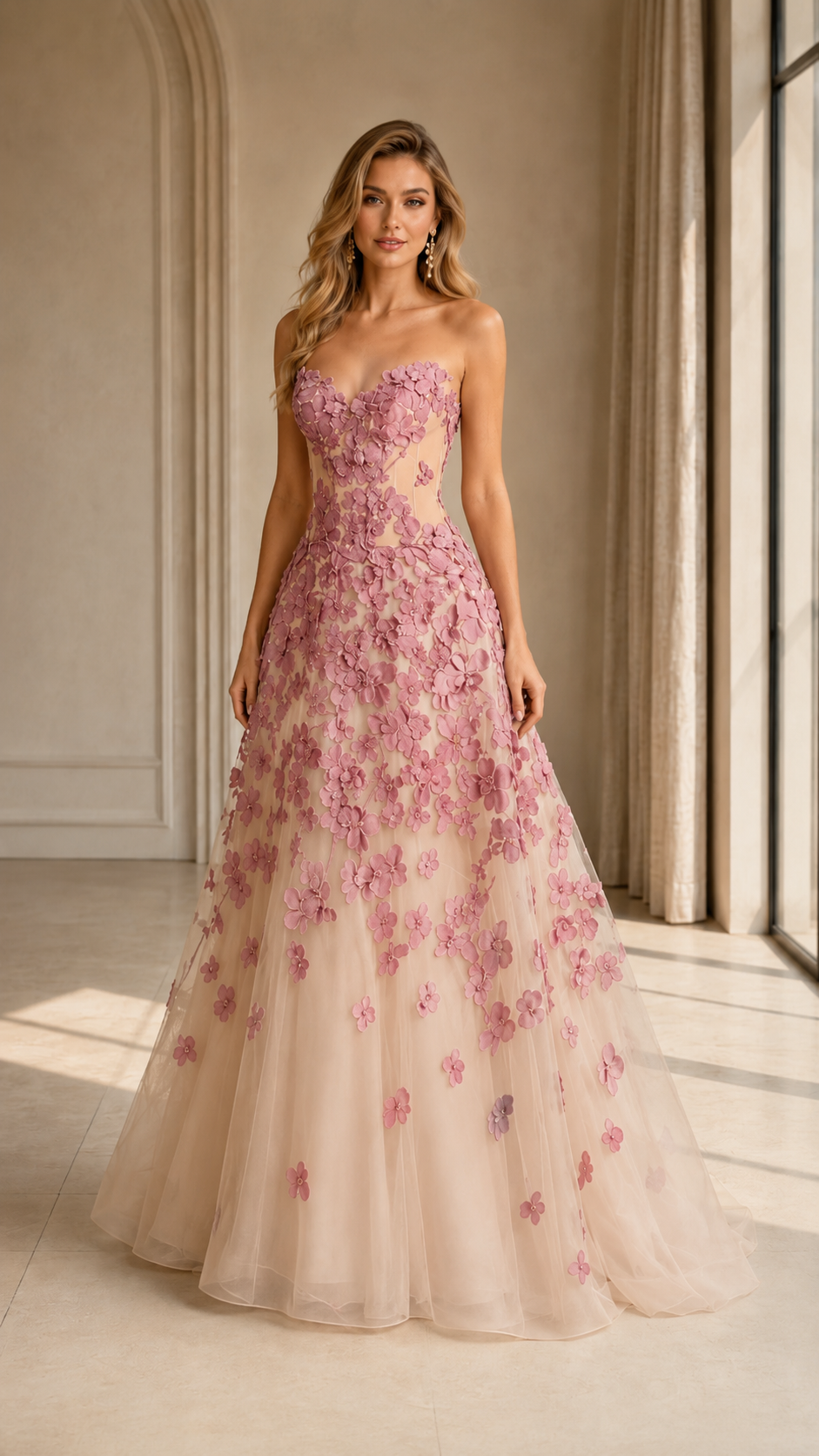 Front view of blush pink floral appliqué strapless tulle gown