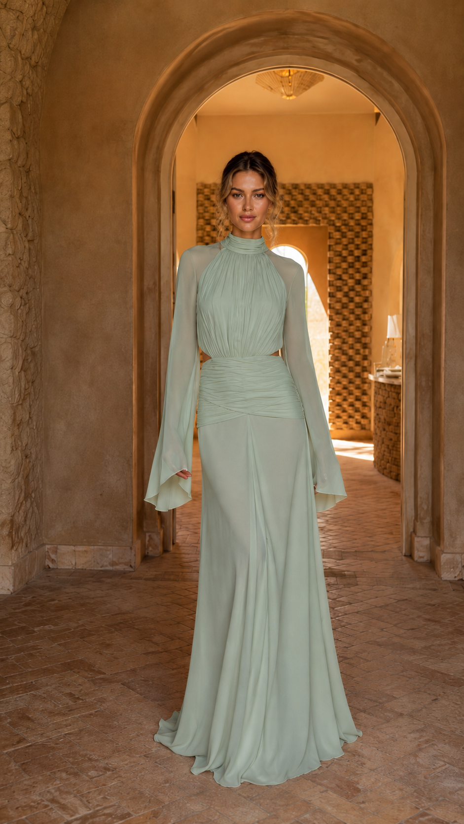 Front view of sage green mock neck floor-length dress with bell sleeves