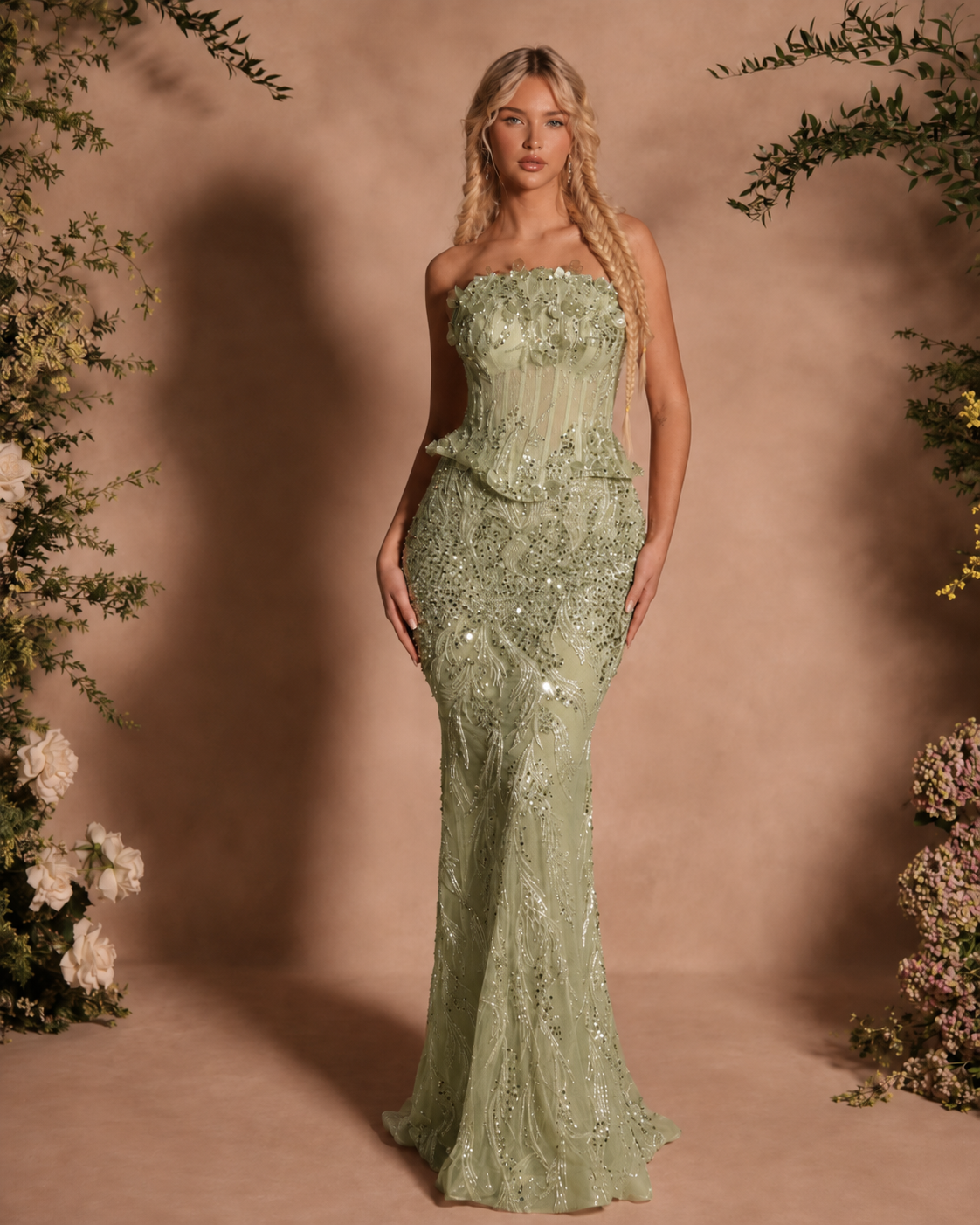Sage green strapless embellished mermaid gown with floral bodice detail