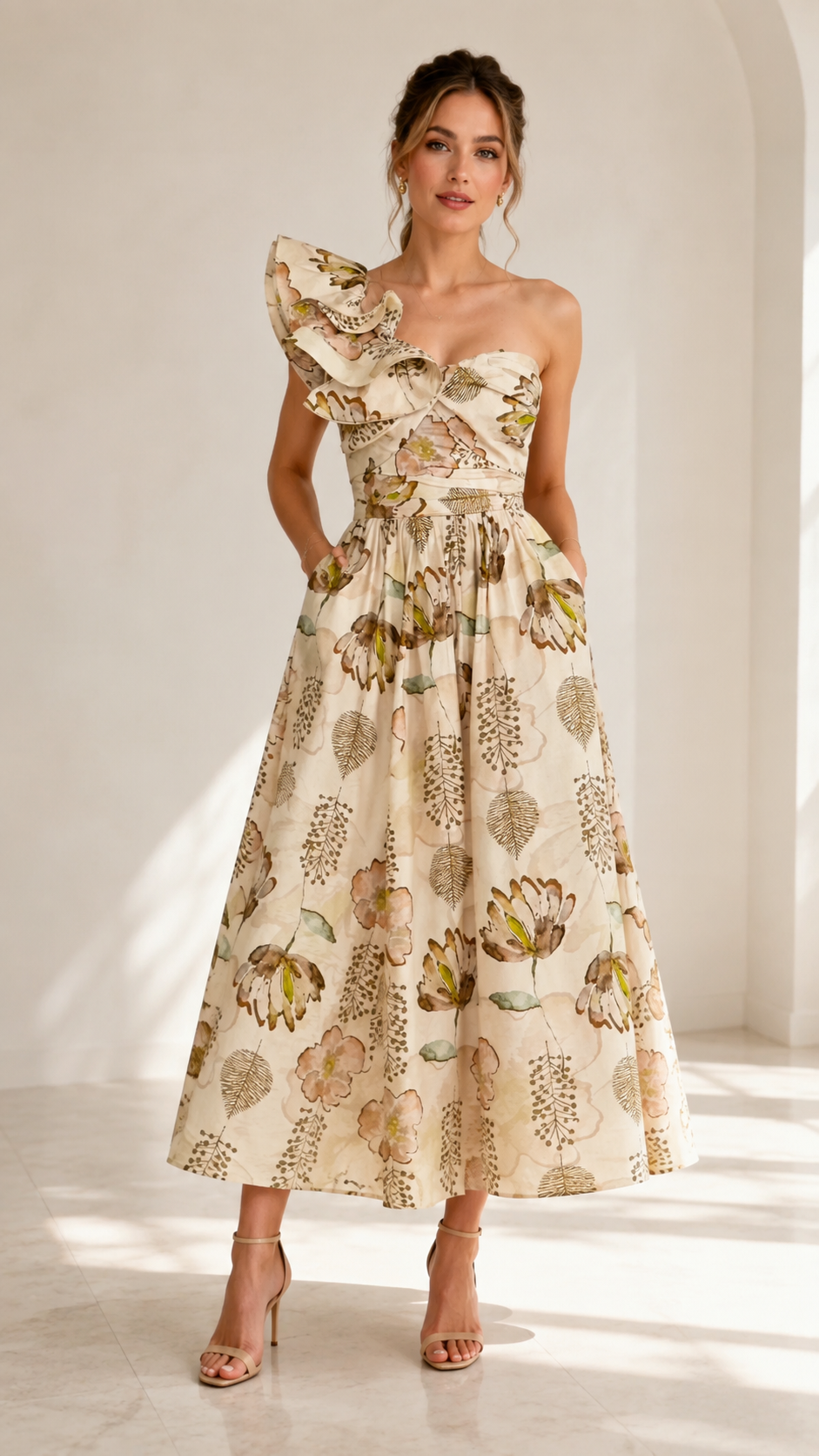 Front view of cream floral one-shoulder occasion dress with pockets