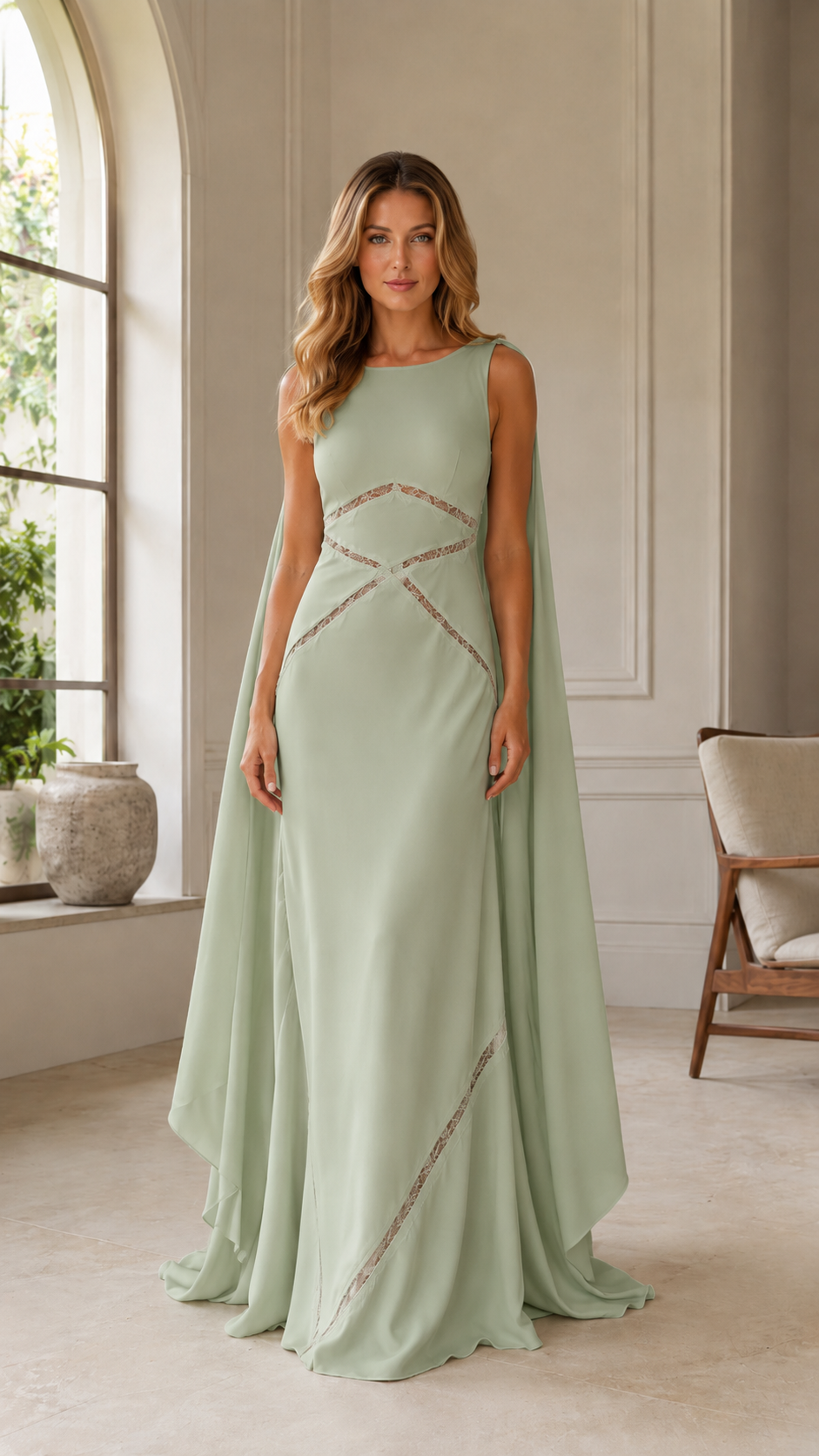Sage green sleeveless evening gown with cape back and embellished accents