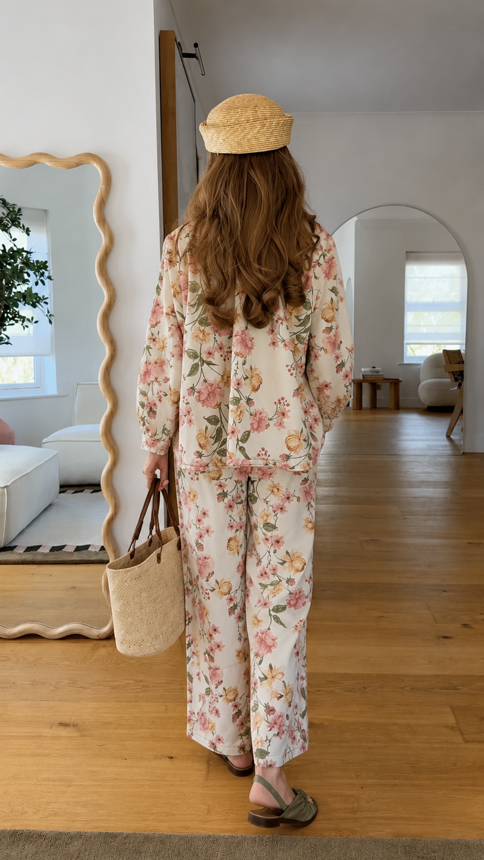 Back view of ivory floral relaxed-fit two-piece outfit