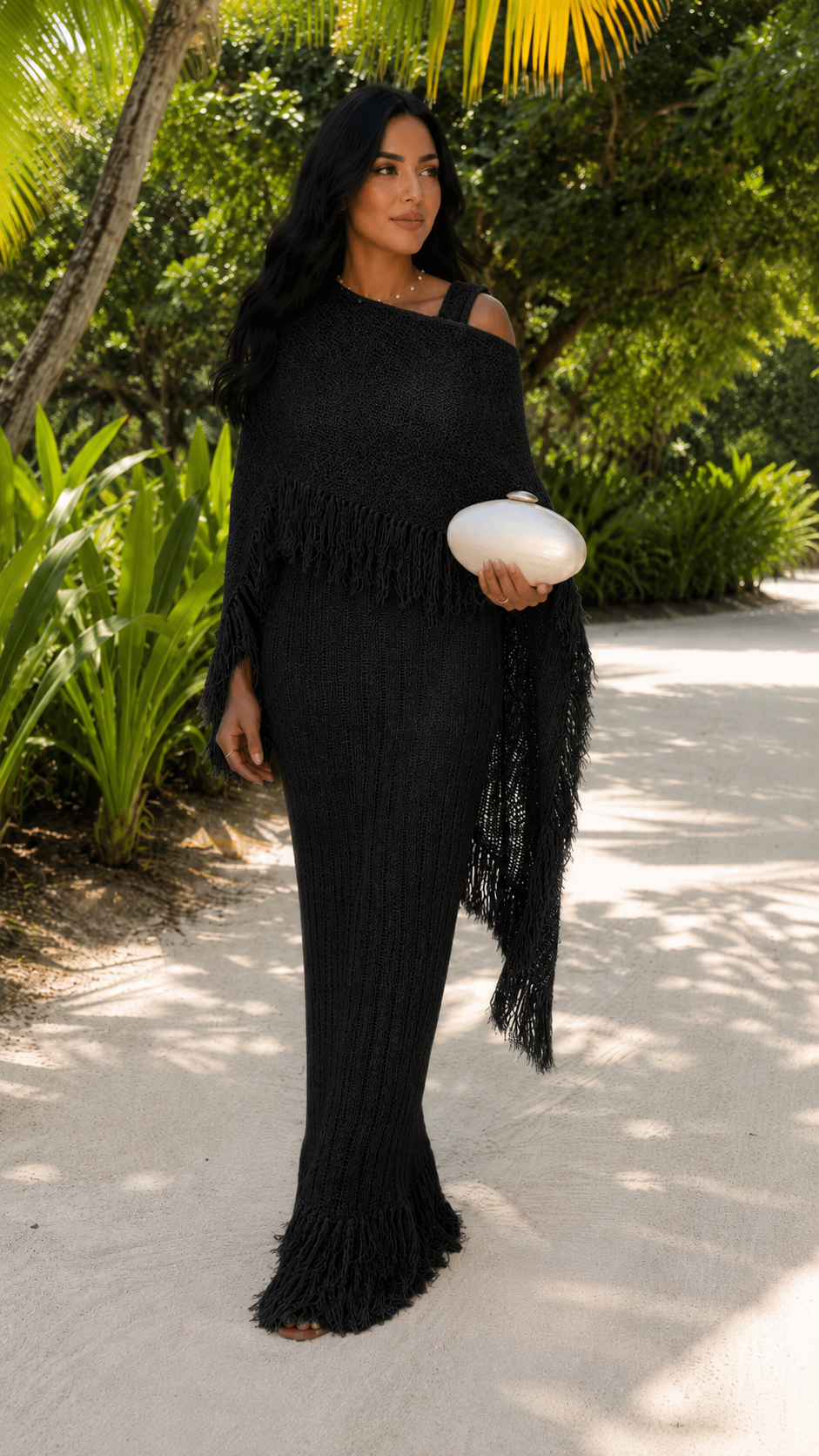 Black textured fringe poncho maxi dress set front view