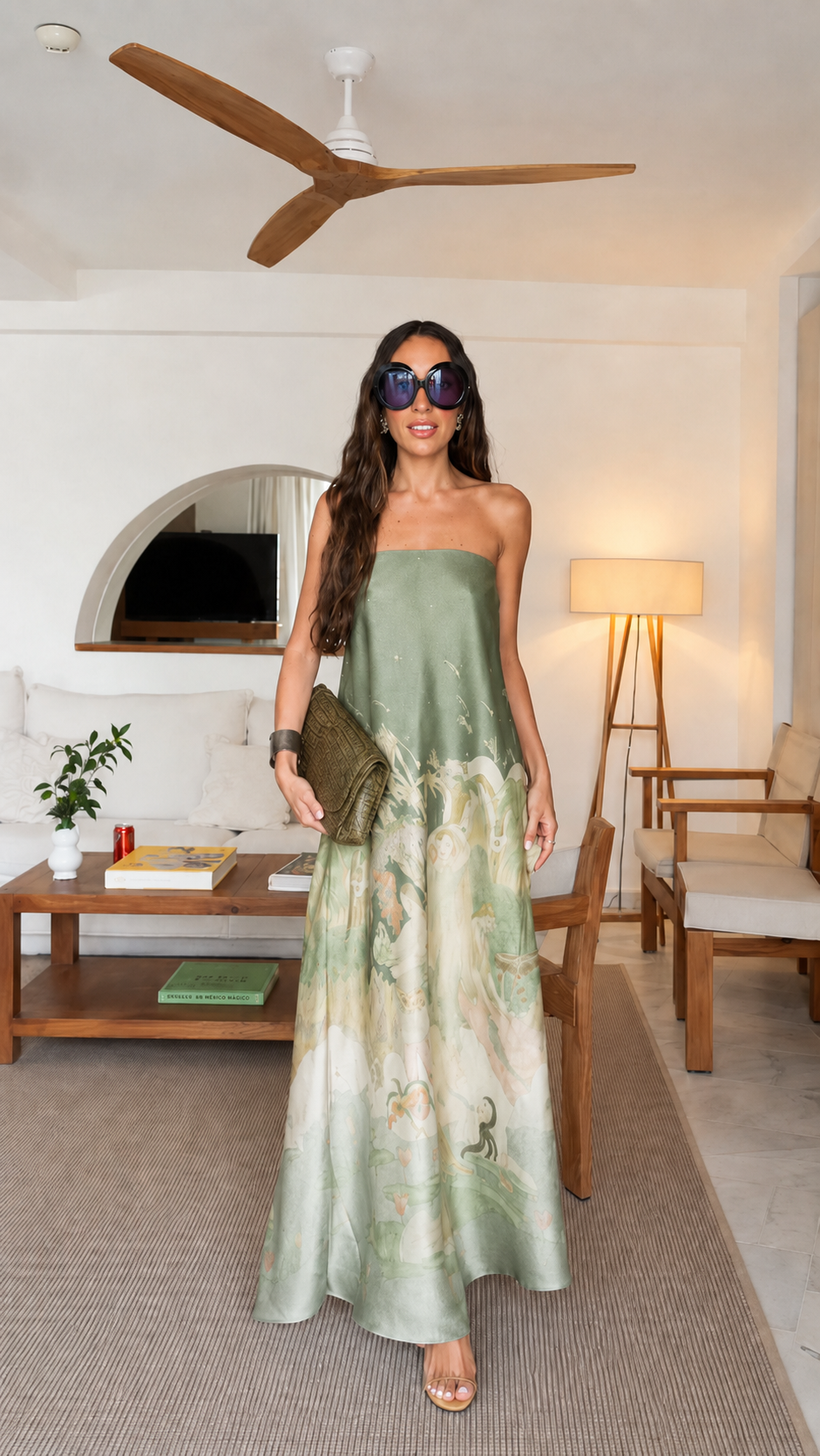 Front view of sage green strapless printed maxi dress
