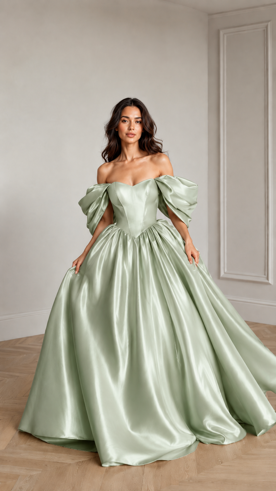 Front view of sage green off-shoulder ball gown with dramatic full skirt