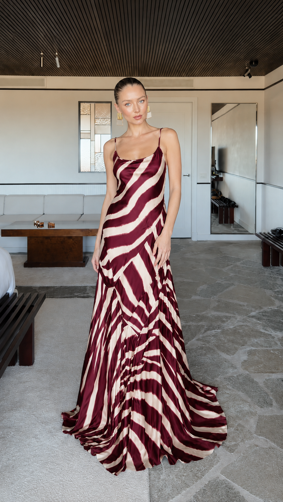 Front view of burgundy zebra print satin-look slip maxi dress