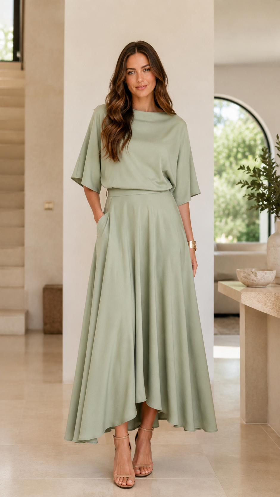 Sage green flowing A-line dress with pockets and relaxed fit