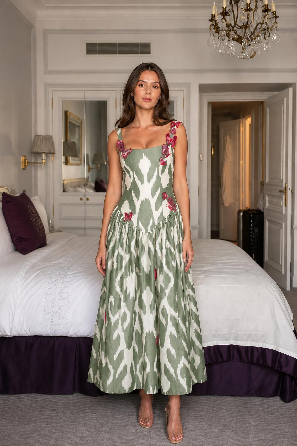 Model wearing sage green ikat print midi dress