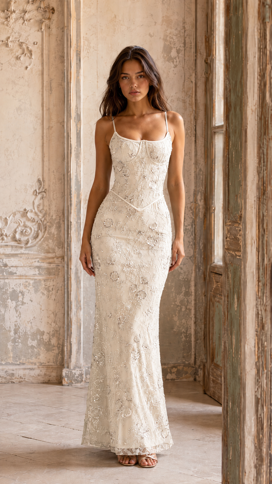 Front view of ivory embroidered lace mermaid maxi dress