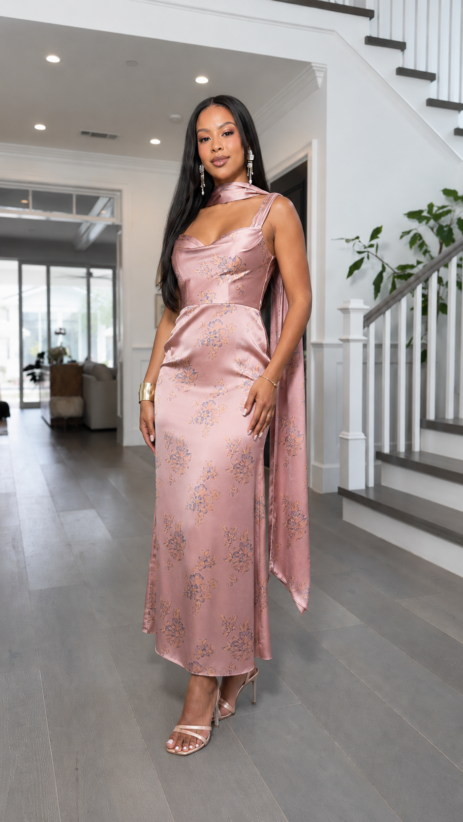 Front view of blush pink satin-look jacquard scarf neck maxi dress