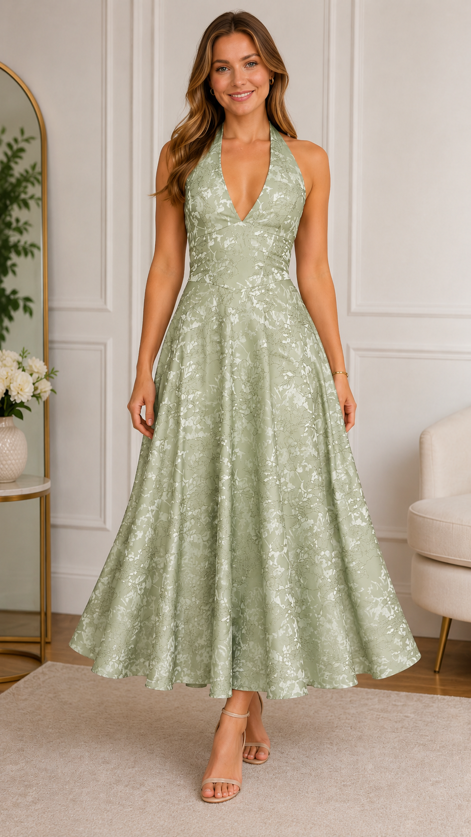 Front view of sage green halter floral jacquard midi dress with full skirt