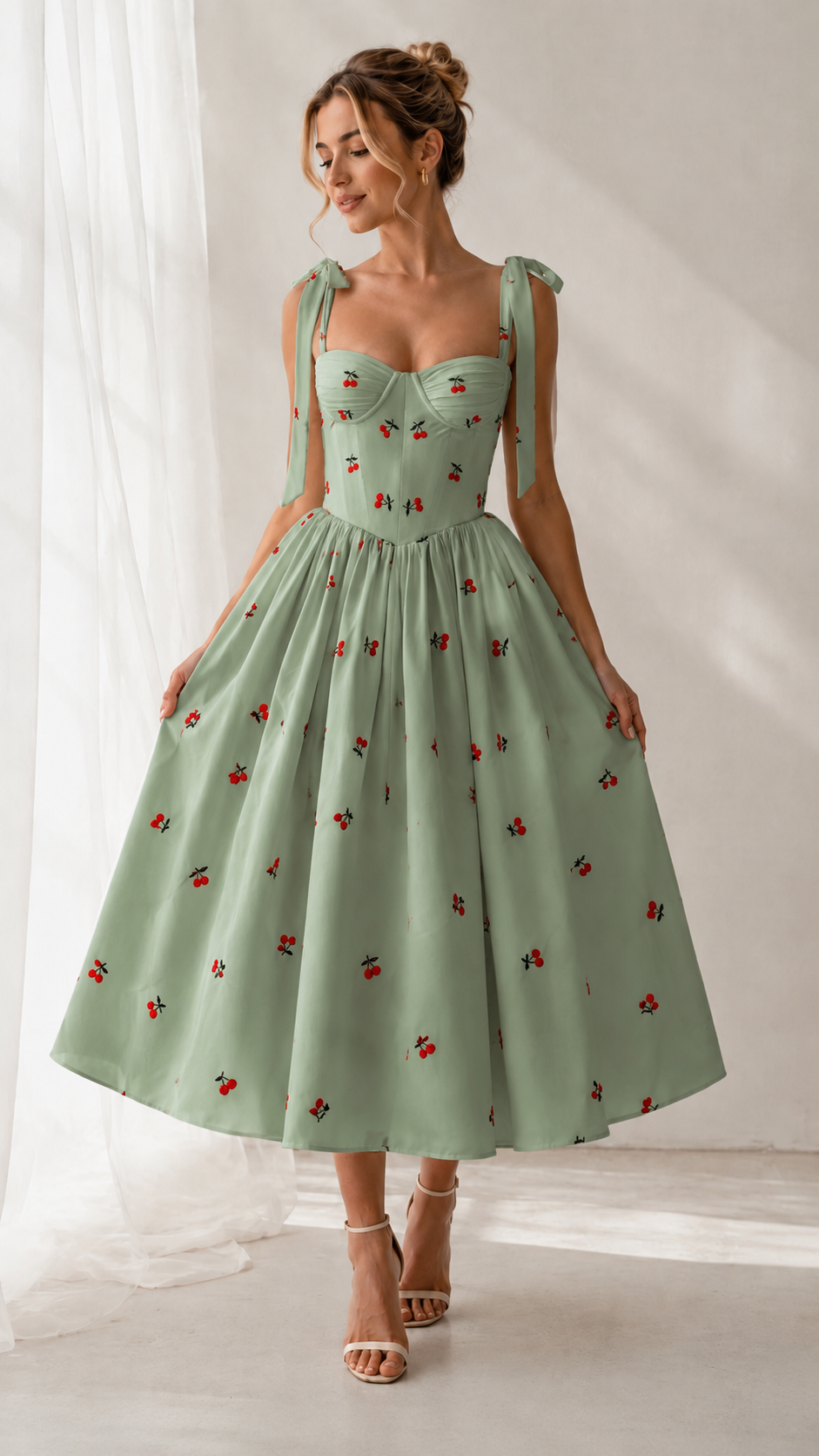 Front view of sage green cherry print tie-strap sweetheart midi dress