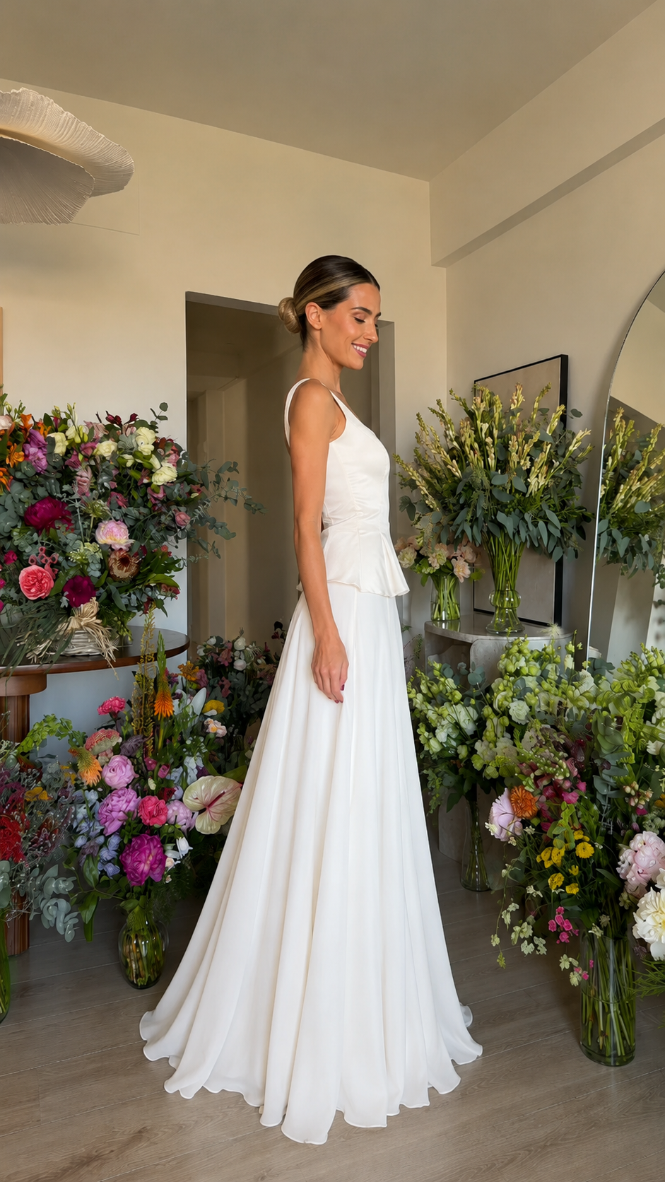 Side view of white square neck peplum maxi dress