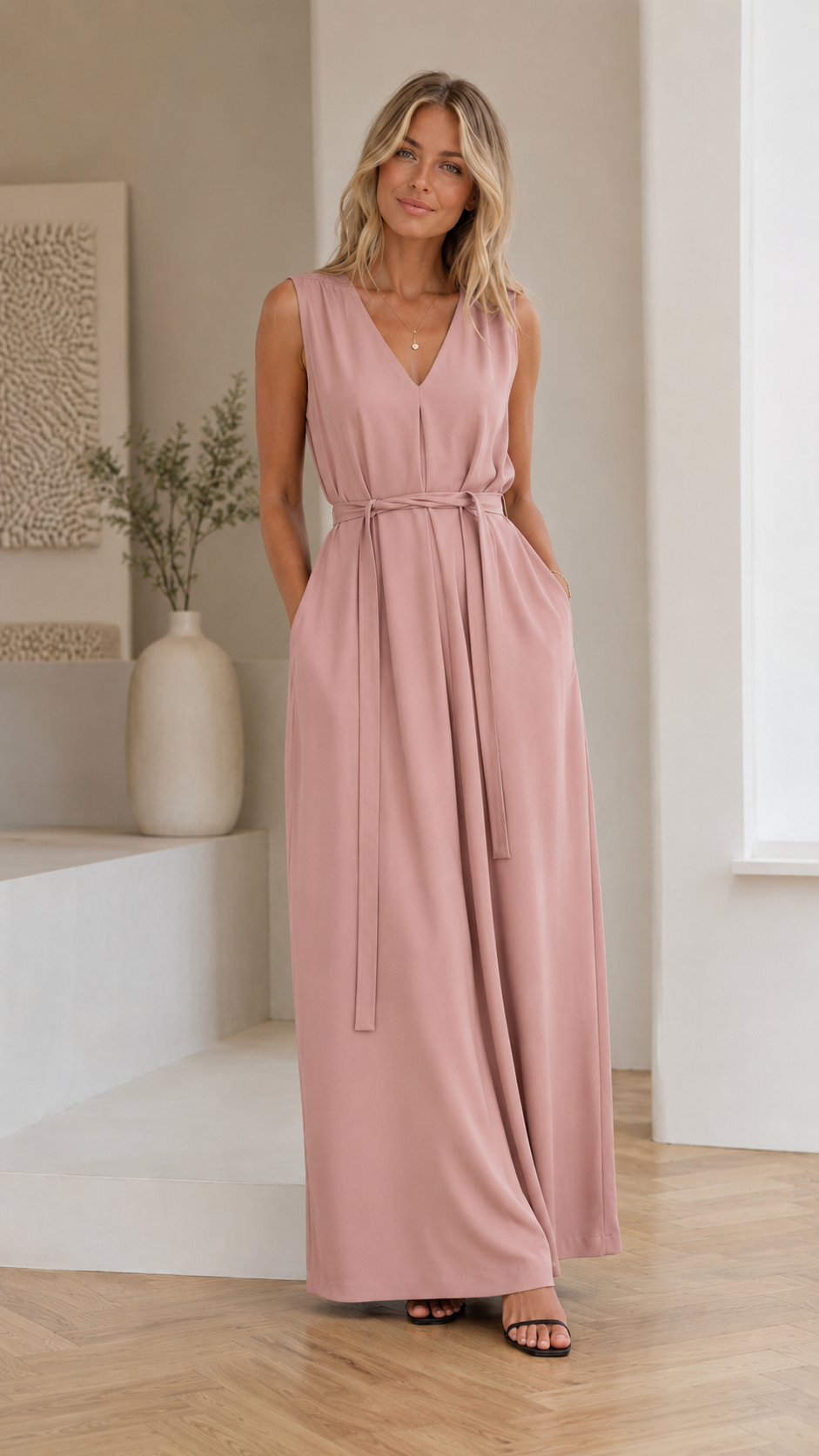 Full-length front view of dusty pink sleeveless maxi dress with pockets