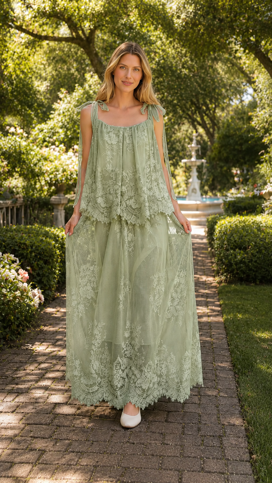 Front view of sage green tie-shoulder lace overlay maxi dress
