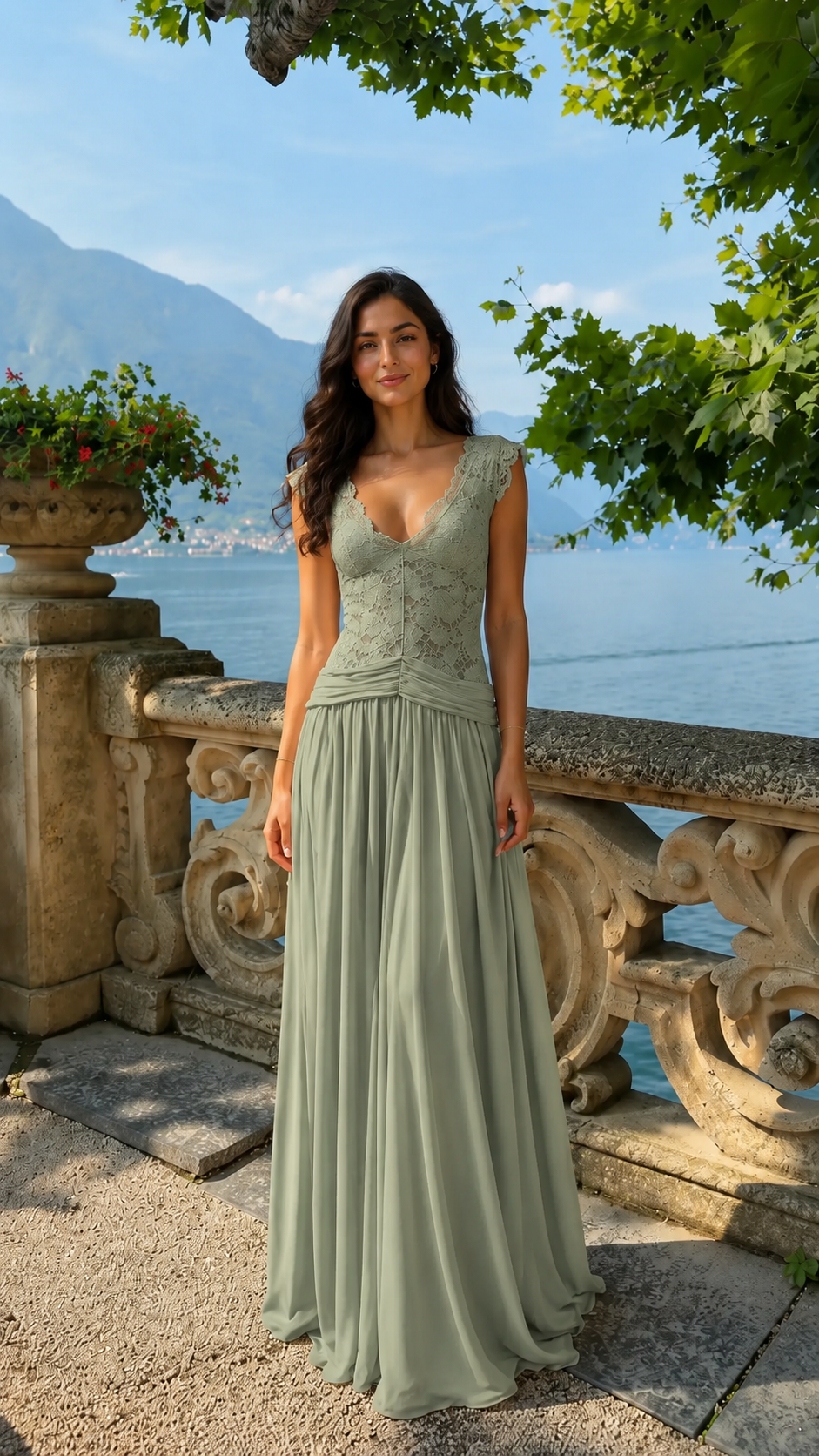 Front view of sage lace bodice pleated maxi dress