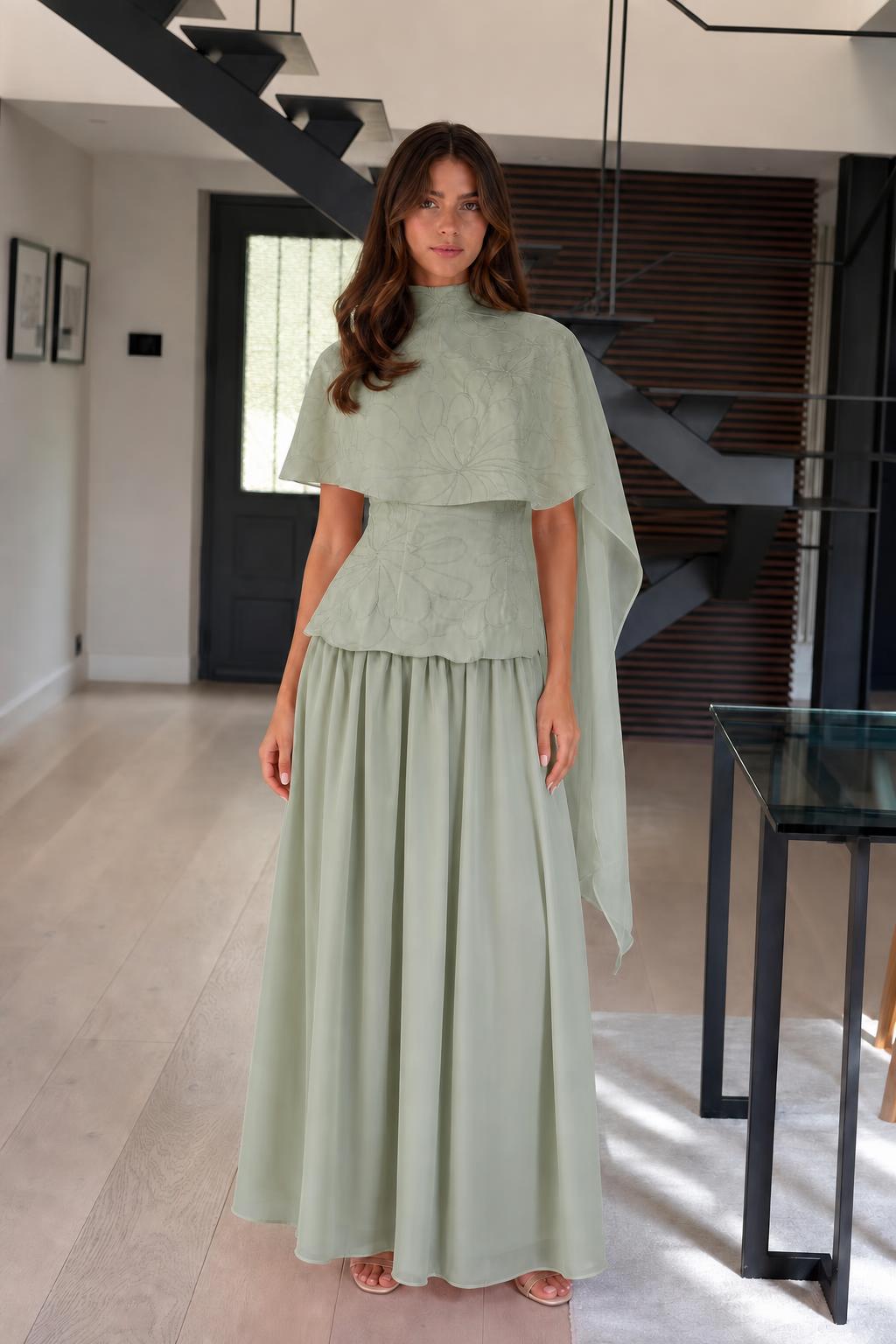 Elegance Cape Overlay Mock Neck Maxi Dress in Sage