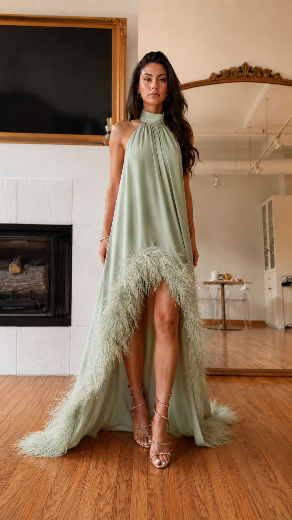 Front view of sage halter high-low maxi dress with feather trim hem
