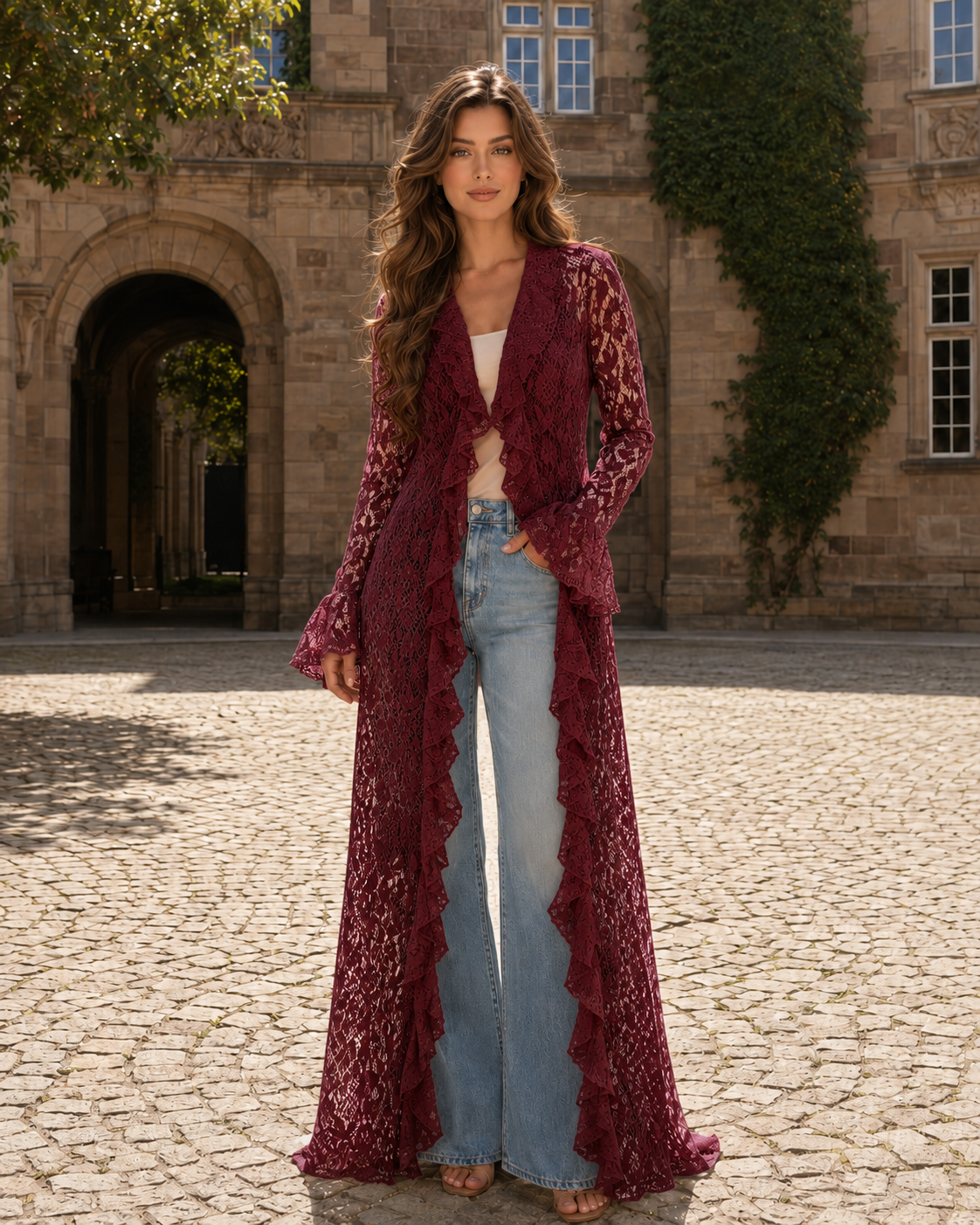 Burgundy lace duster cardigan in maxi length with open front silhouette