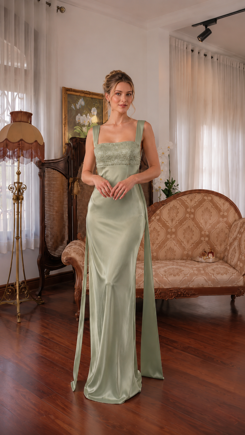 Sage green satin-look floor-length dress with embellished bodice and wide straps