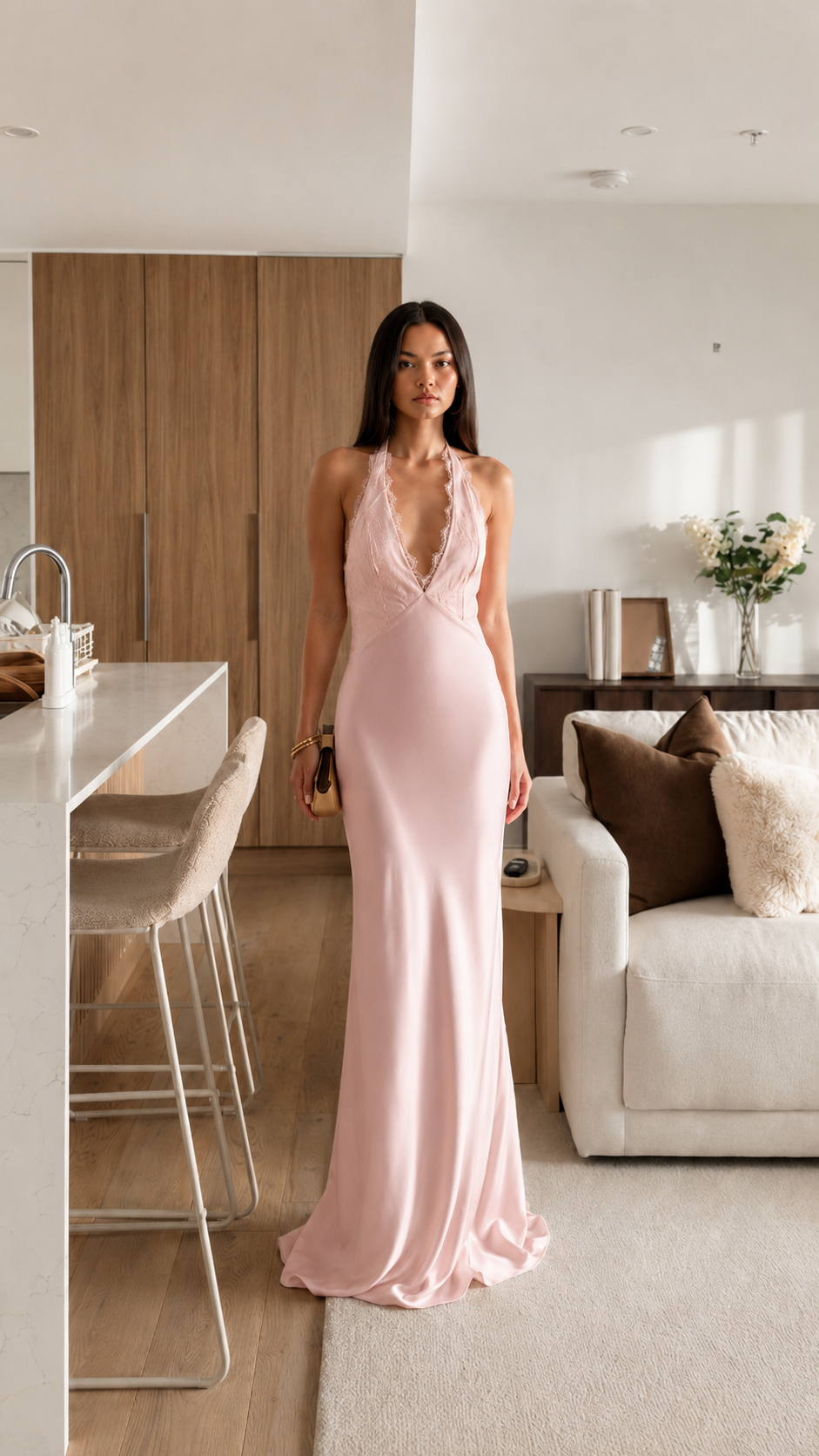 Front view of blush pink halter satin-look maxi dress with deep V neckline