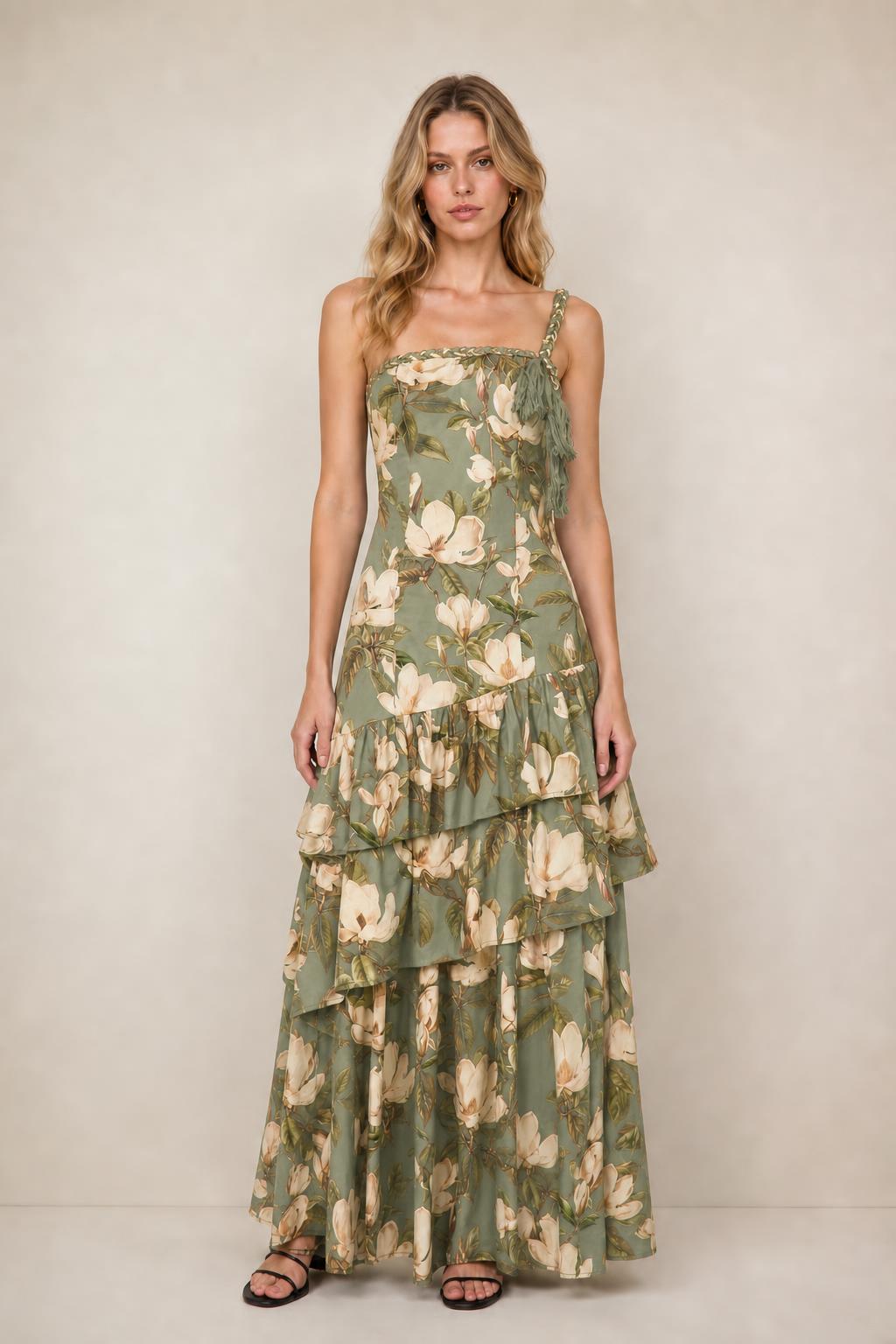 Front view of floral print tiered maxi dress in sage green