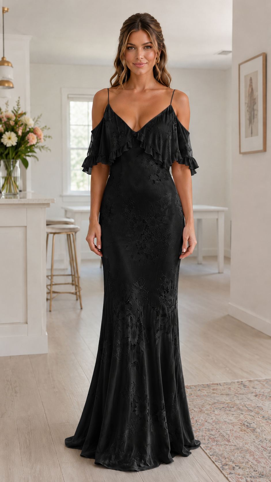 Front view of black cold shoulder ruffle floral maxi dress