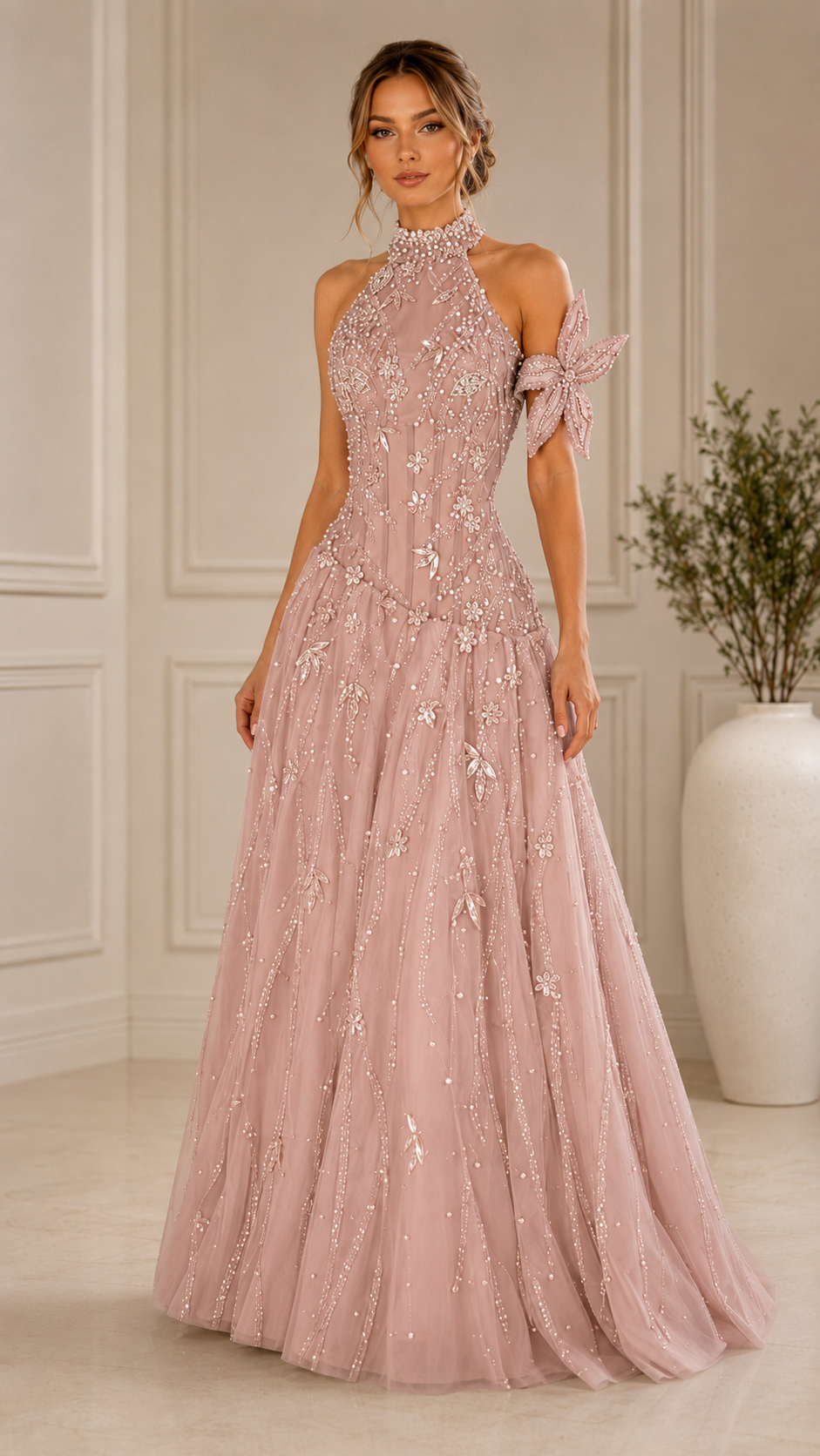 Front view of blush pink embellished halter evening gown with floral shoulder detail