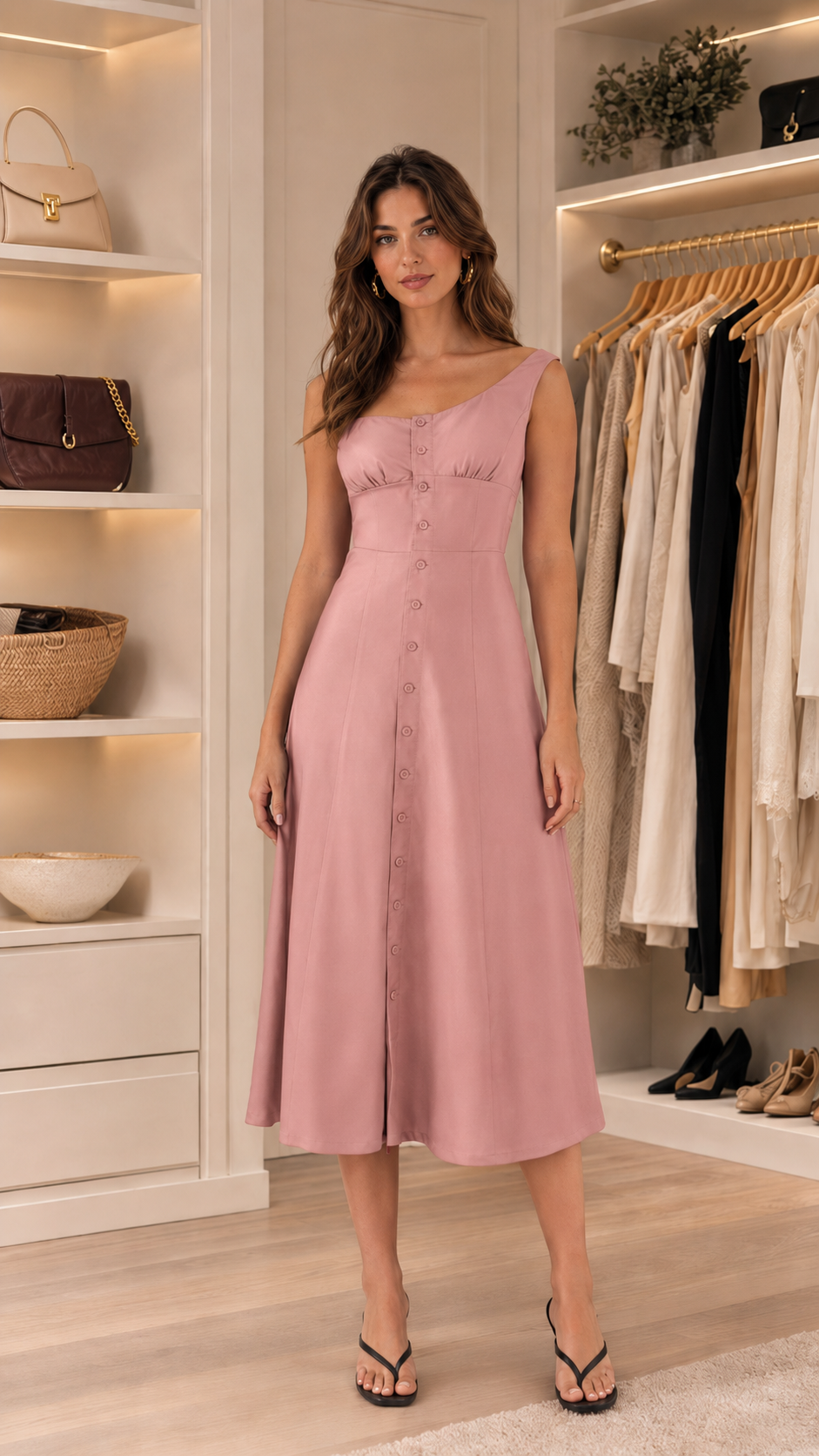 Front view of blush pink square neck sleeveless button front midi dress
