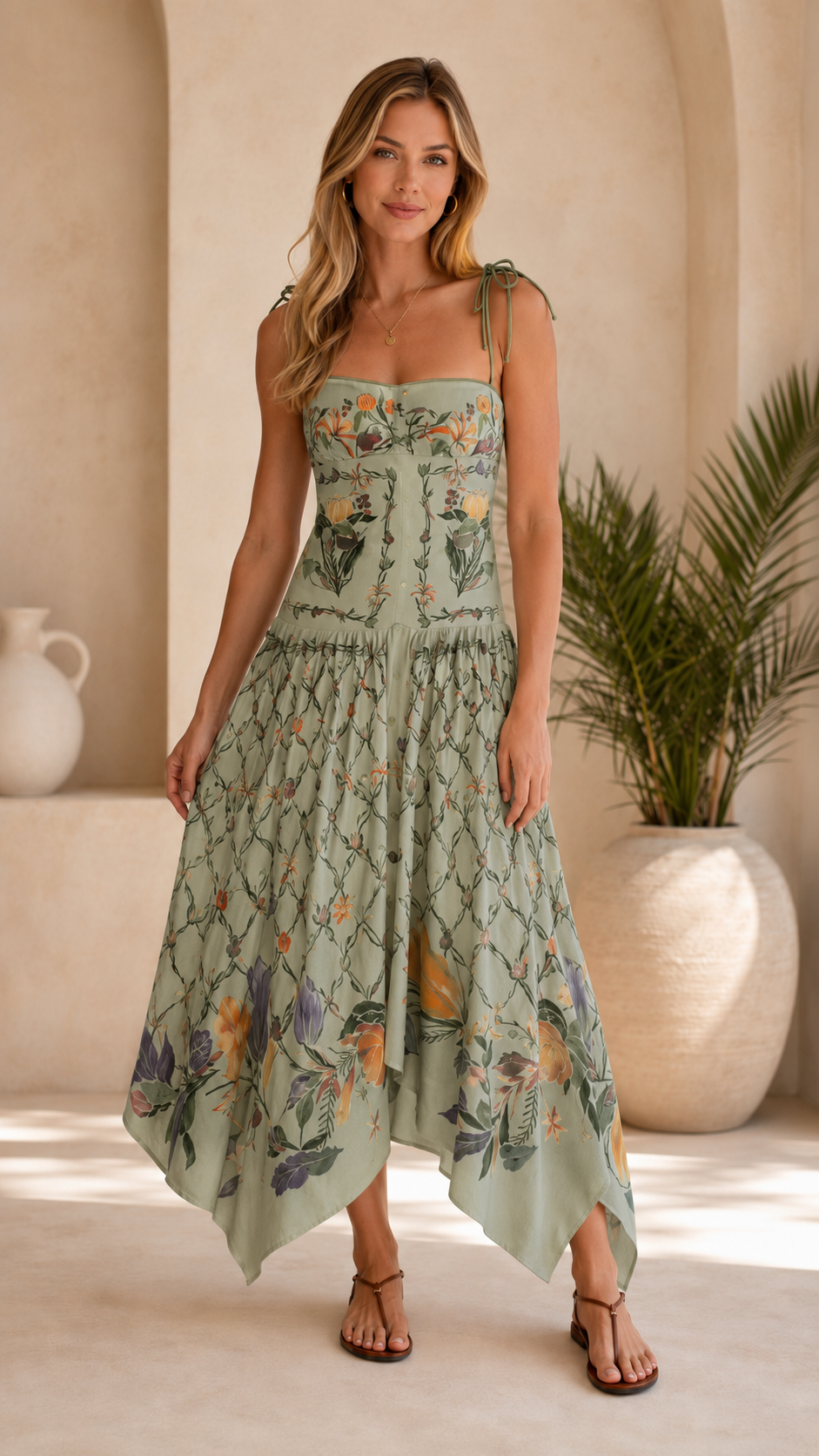 Front view of sage green floral tie-shoulder handkerchief hem maxi dress