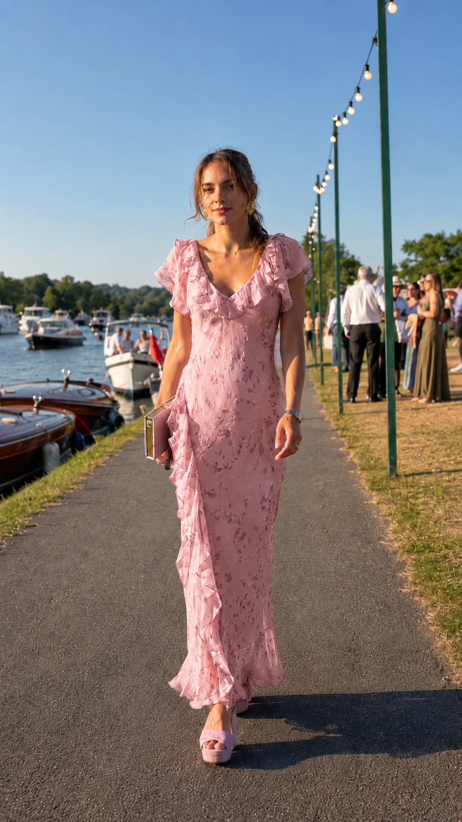 Front view of blush pink floral textured maxi dress with flutter sleeves