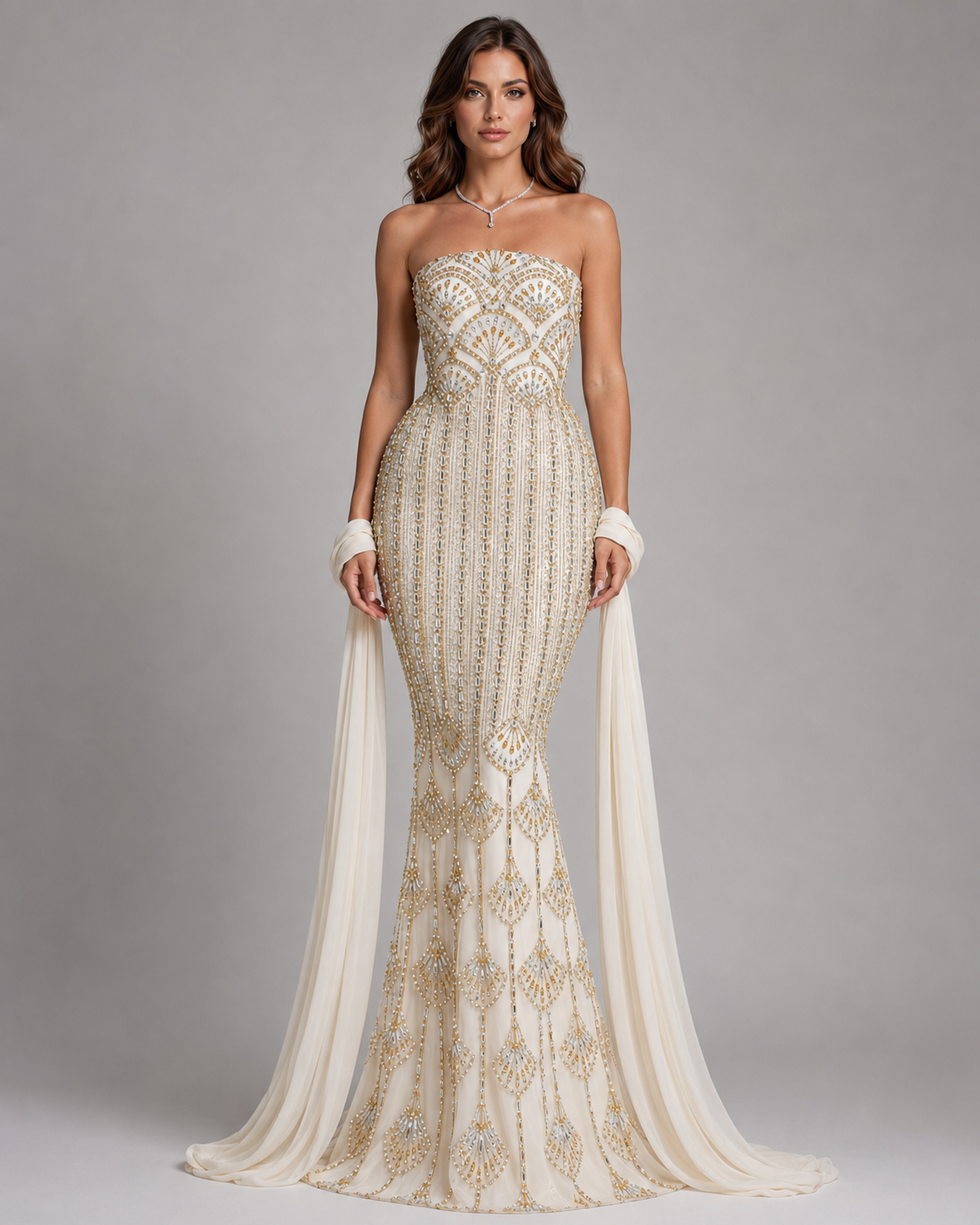 Full-length front view of champagne strapless mermaid gown with ornate vertical beadwork