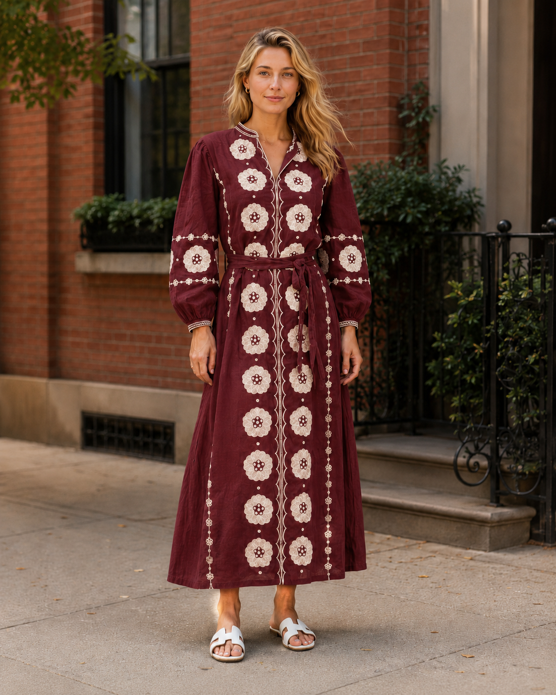Burgundy embroidered tie-waist midi dress front view