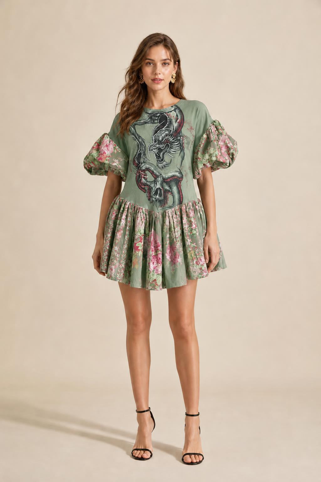 Model wearing green color variant of graphic puff sleeve mini dress