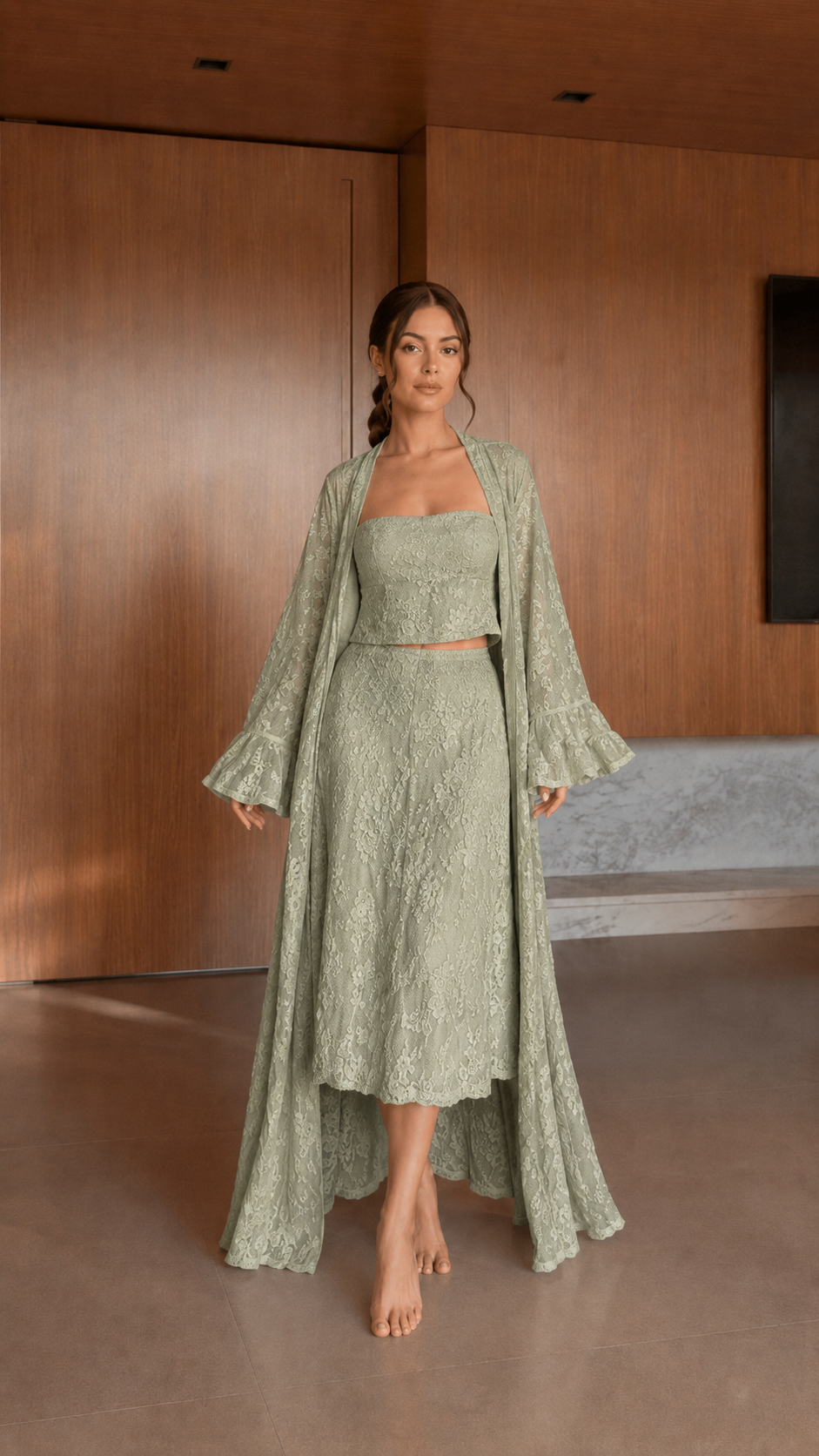 Front view of sage textured skirt set with long open duster