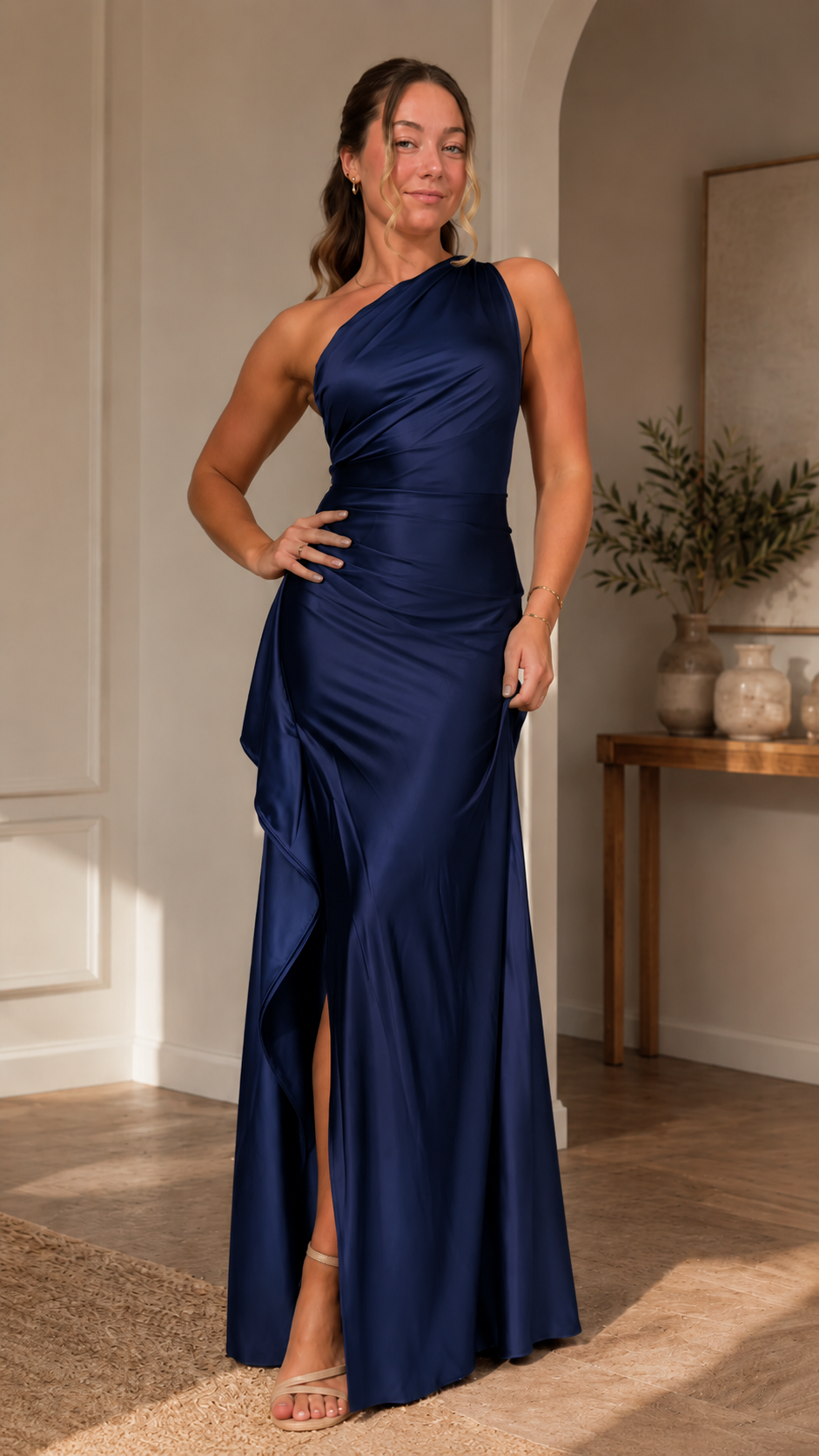 Front view of navy one-shoulder formal maxi dress with slit and soft sheen