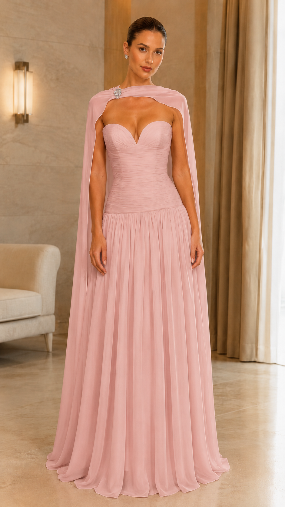 Front view of dusty pink formal cape gown with sweetheart neckline